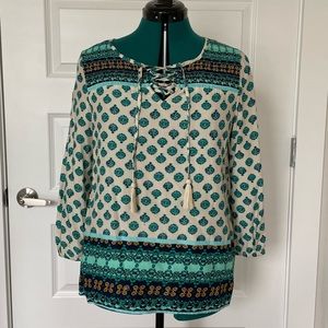 Green Multi Pattern Lace Up Front Blouse